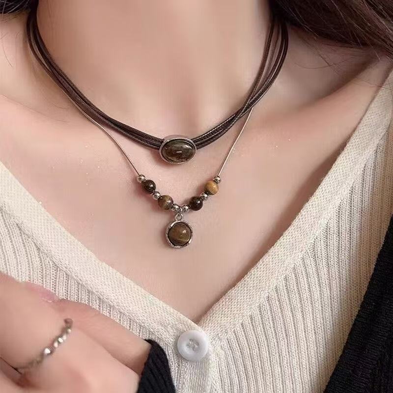 Tiger Eye Stone V Pendant Necklace