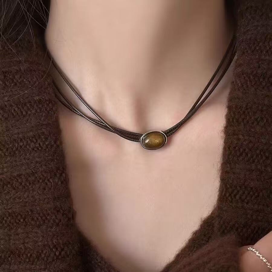Tiger Eye Stone V Pendant Necklace