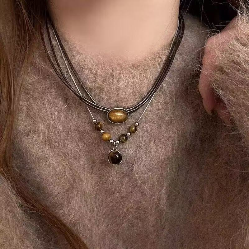 Tiger Eye Stone V Pendant Necklace