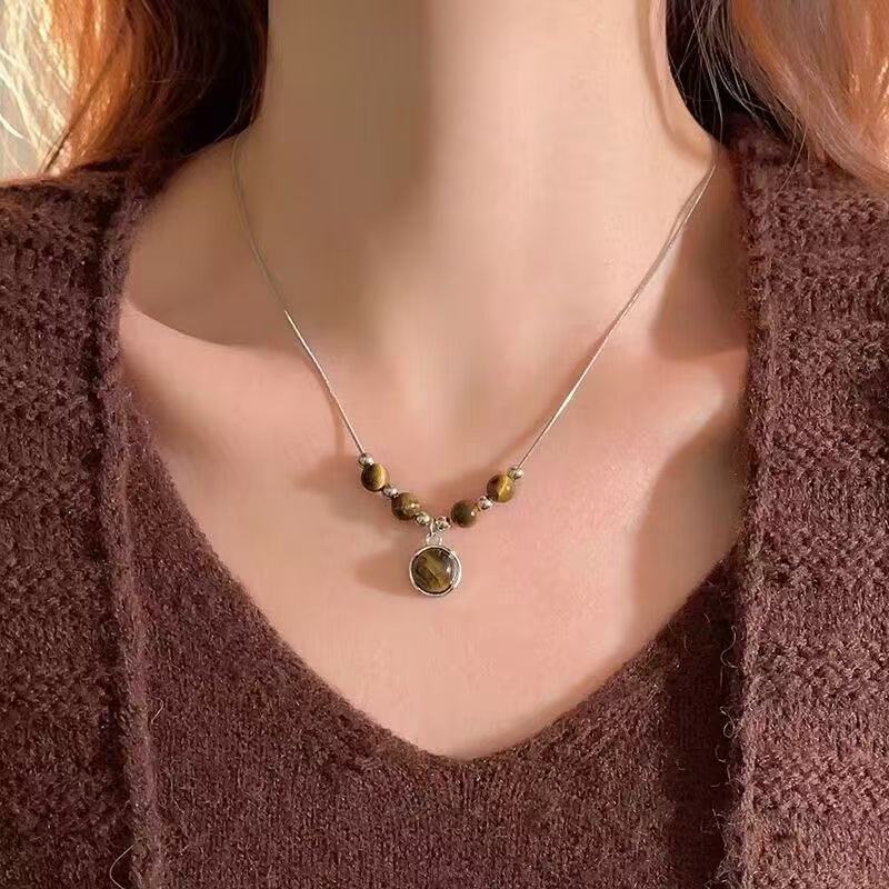 Tiger Eye Stone V Pendant Necklace