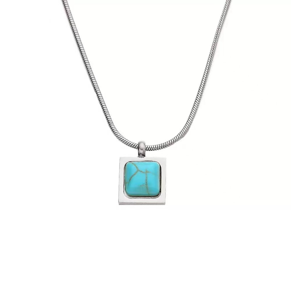 Turquoise Pendant Collarbone Necklace Stainless Steel