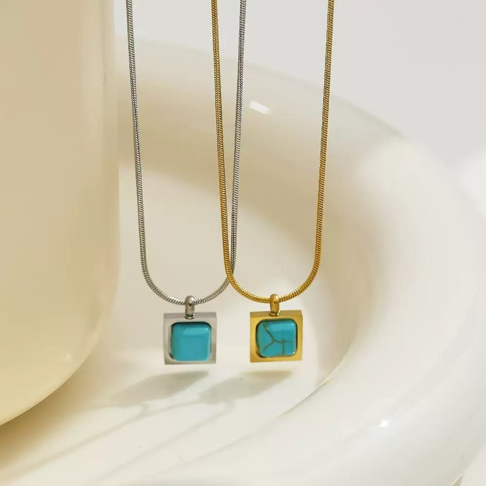 Turquoise Pendant Collarbone Necklace Stainless Steel