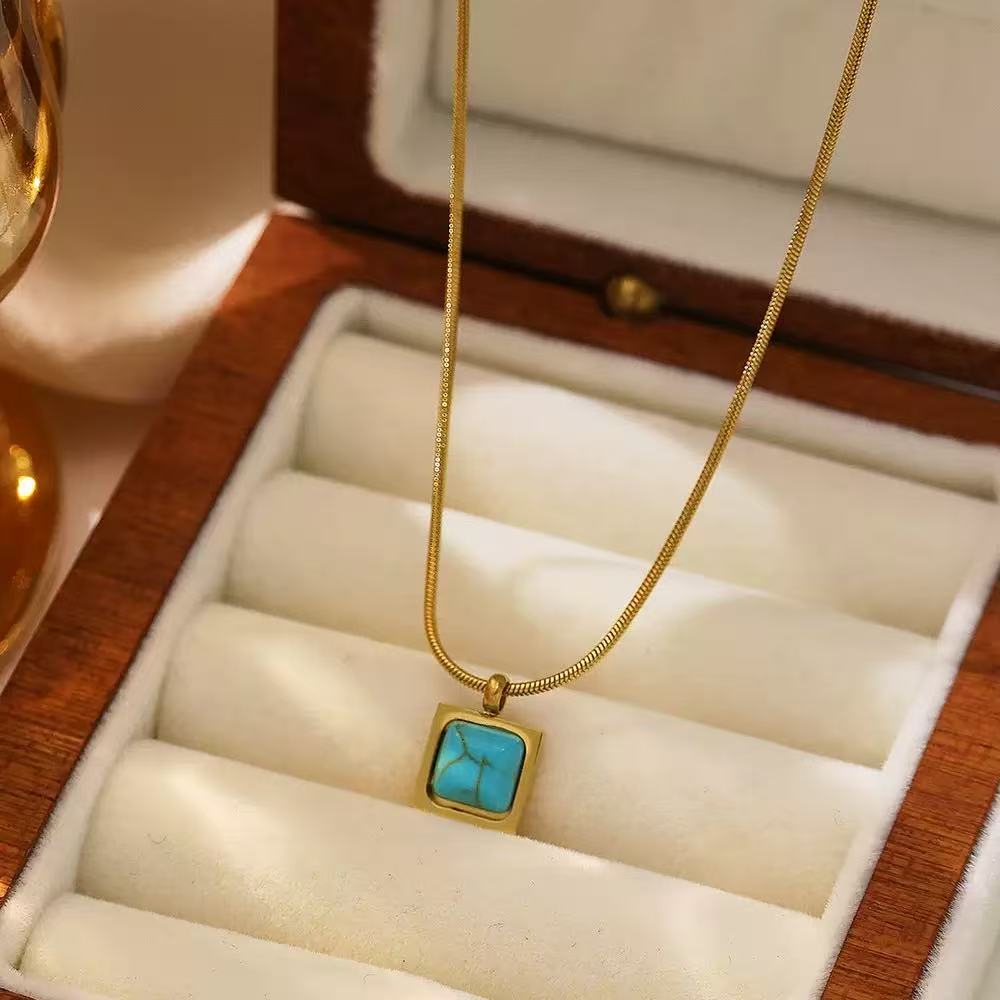 Turquoise Pendant Collarbone Necklace Stainless Steel