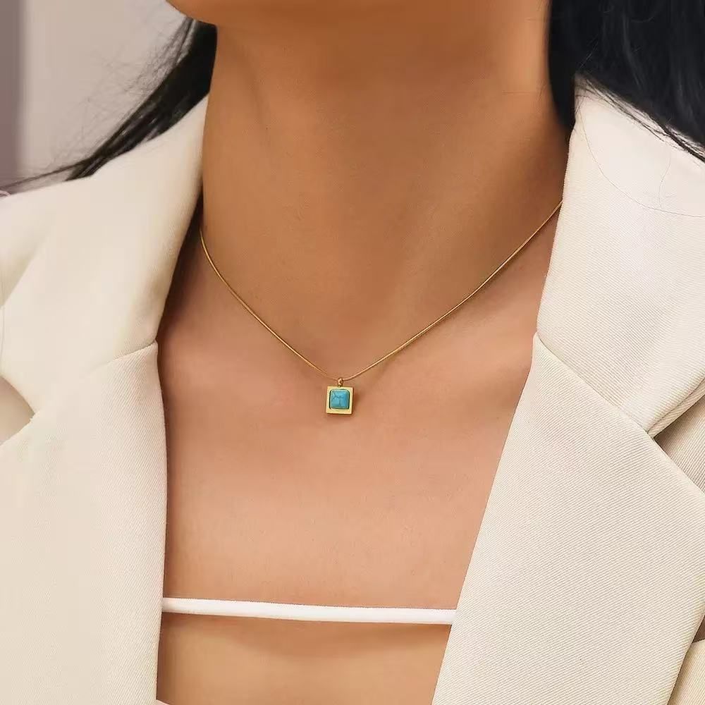 Turquoise Pendant Collarbone Necklace Stainless Steel