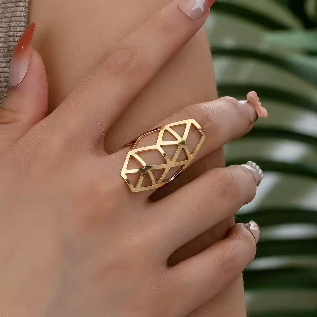 Geometric Open Mesh Ring Adjustable Gold Tone