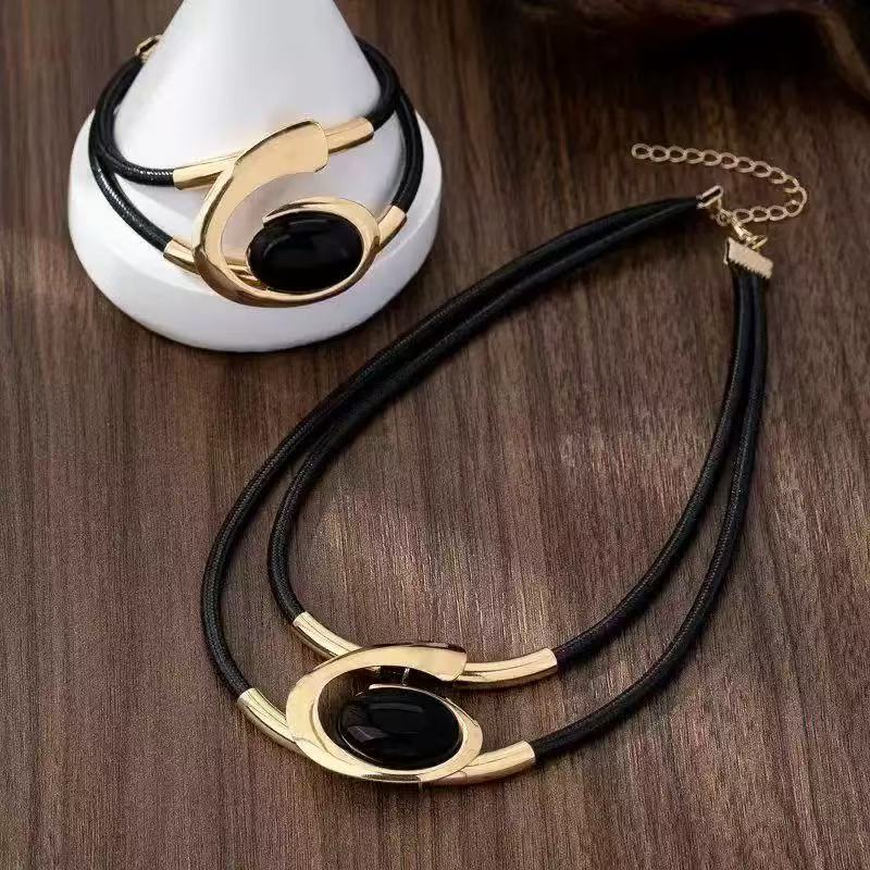 Black Acrylic Pendant Necklace and Bracelet Set Gold Tone