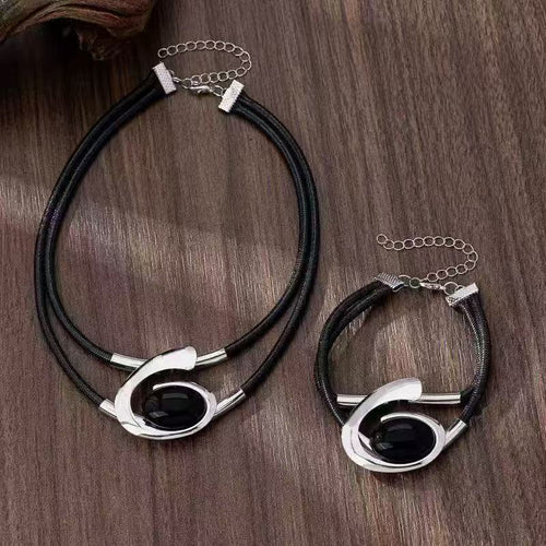 Black Acrylic Pendant Necklace and Bracelet Set Gold Tone