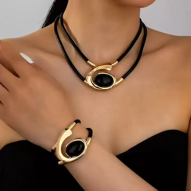 Black Acrylic Pendant Necklace and Bracelet Set Gold Tone