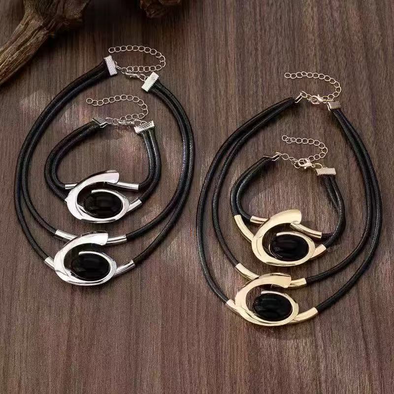 Black Acrylic Pendant Necklace and Bracelet Set Gold Tone