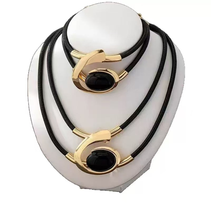 Black Acrylic Pendant Necklace and Bracelet Set Gold Tone