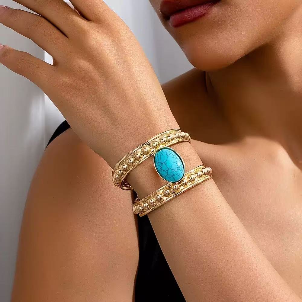 Minimal Turquoise Style Open Cuff Plated Alloy Bracelet for Women