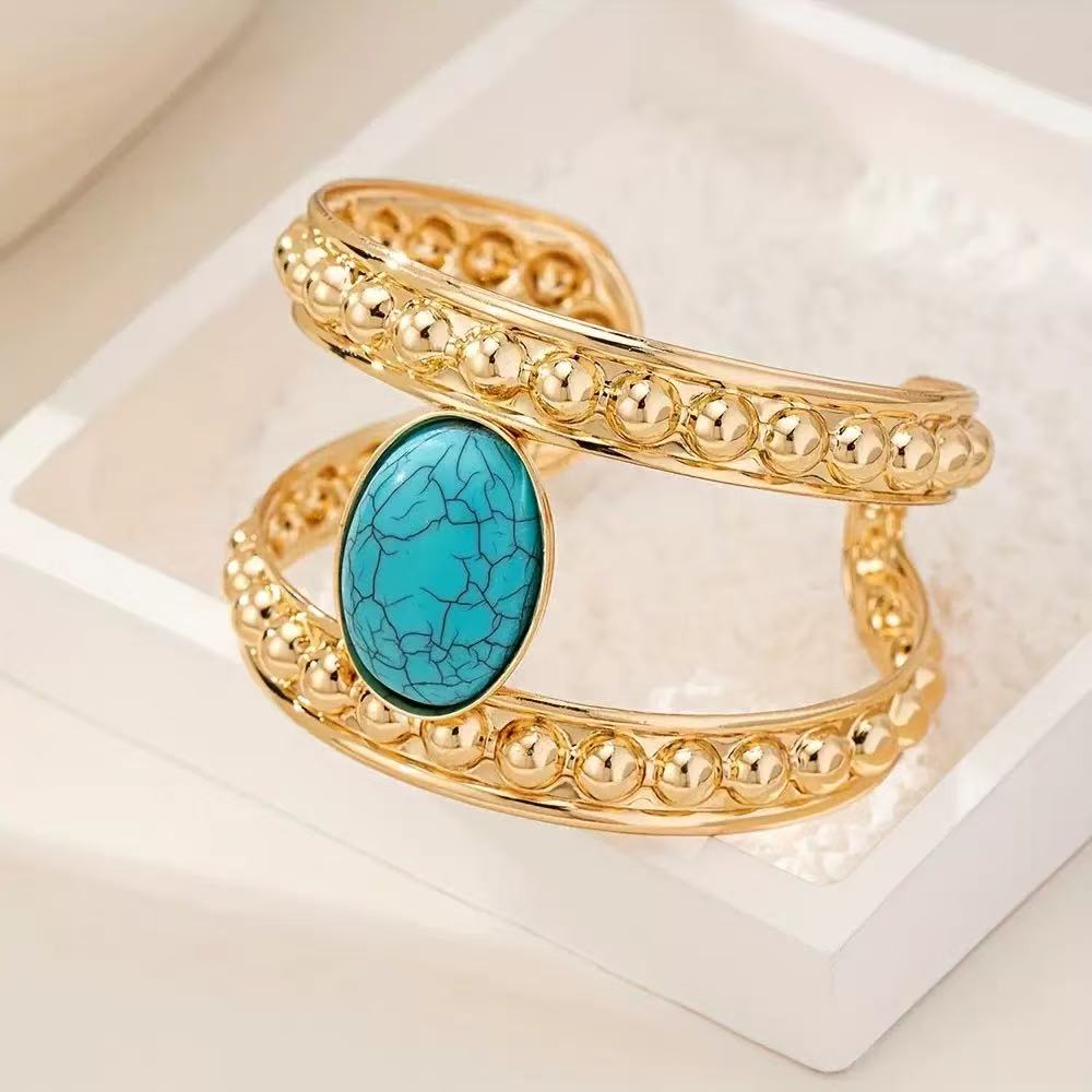 Minimal Turquoise Style Open Cuff Plated Alloy Bracelet for Women