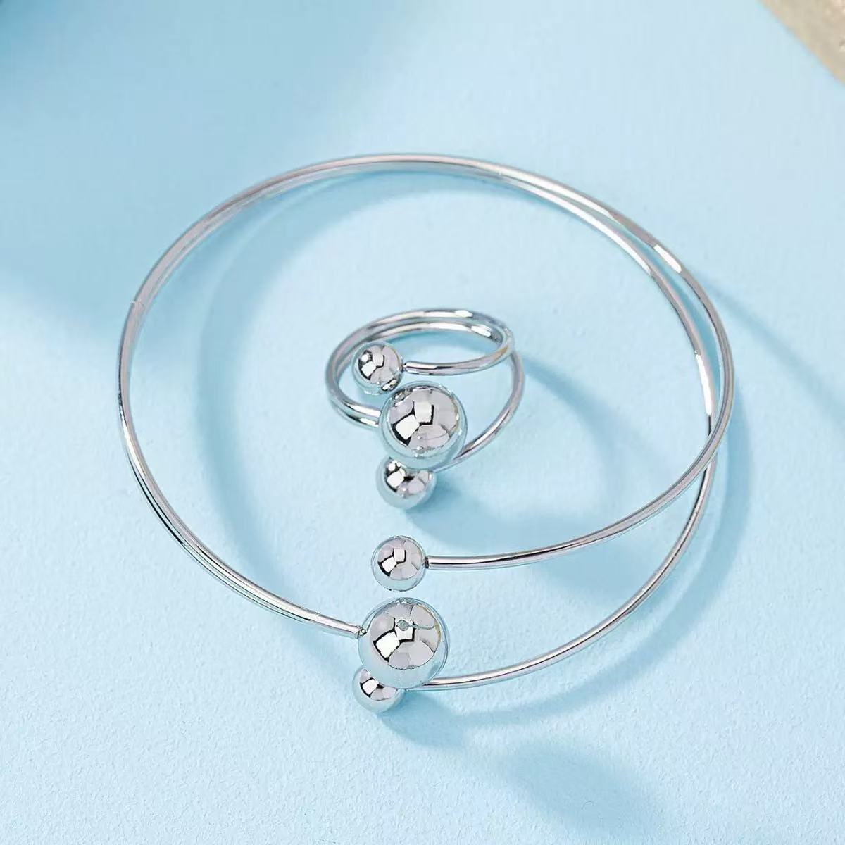 Minimal Plated Alloy Bracelet and Ring Set for Women