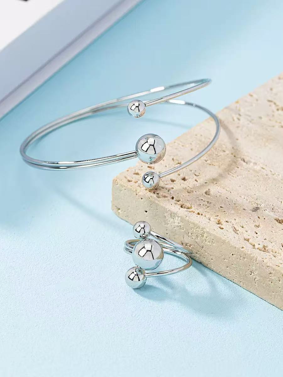 Minimal Plated Alloy Bracelet and Ring Set for Women
