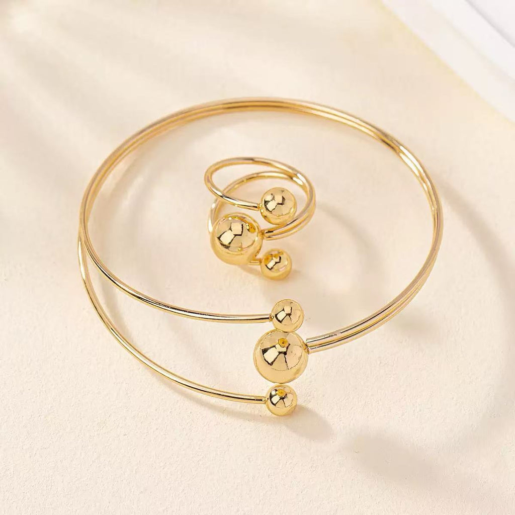 Minimal Plated Alloy Bracelet and Ring Set for Women