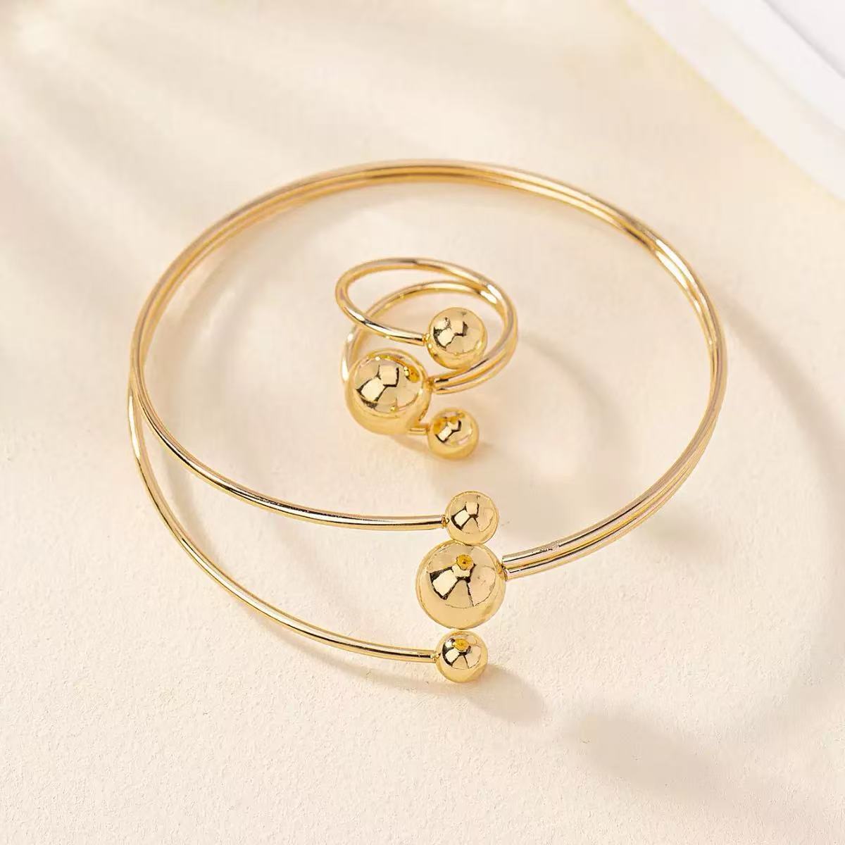 Minimal Plated Alloy Bracelet and Ring Set for Women