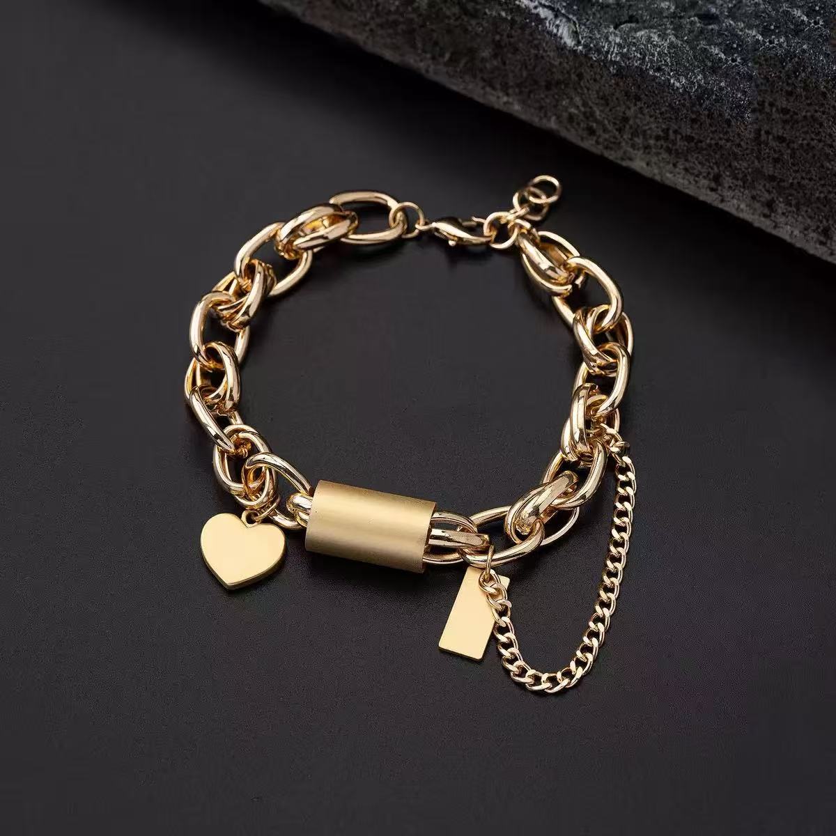 Heart Charm Plated Alloy Chain Bracelet for Women