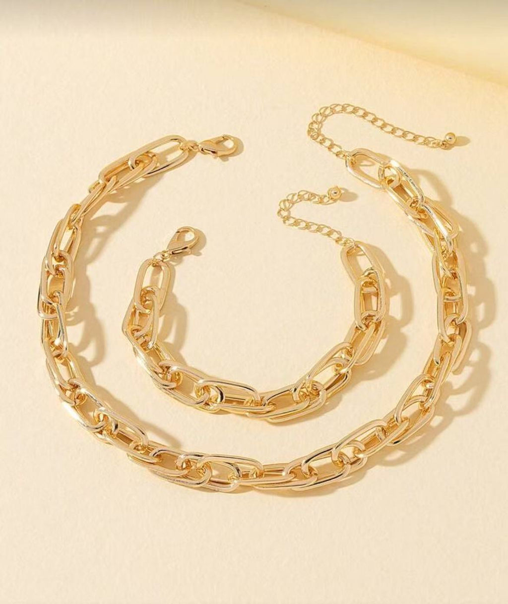 Chunky Gold Plated Chain Necklace & Bracelet Set